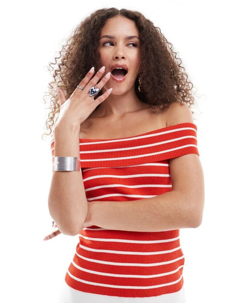 Monki Monki ribbed knitted off the shoulder bardot top in red and white stripe 1