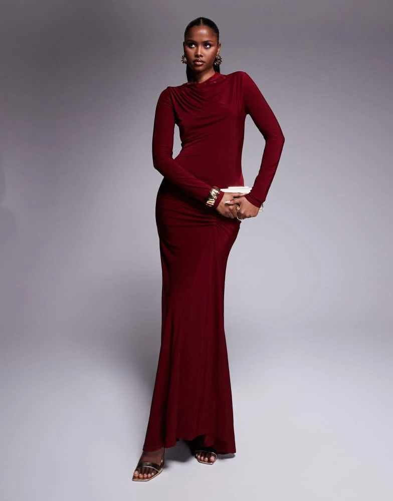 ASOS ASOS DESIGN high neck slinky maxi dress with ruched skirt detail in burgundy 1