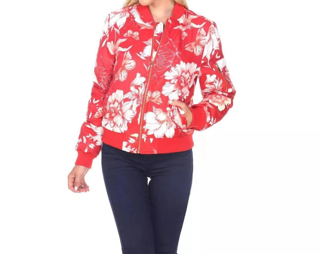 White Mark Floral Bomber Jacket In Red 1