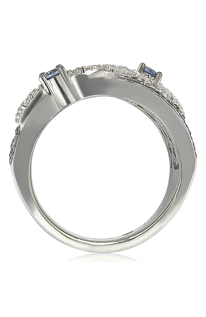 Suzy Levian 18K Gold & Sterling Silver Pavé Blue & Created White Sapphire Diamond Accent Floral Band Ring - 0.02 ctw 5