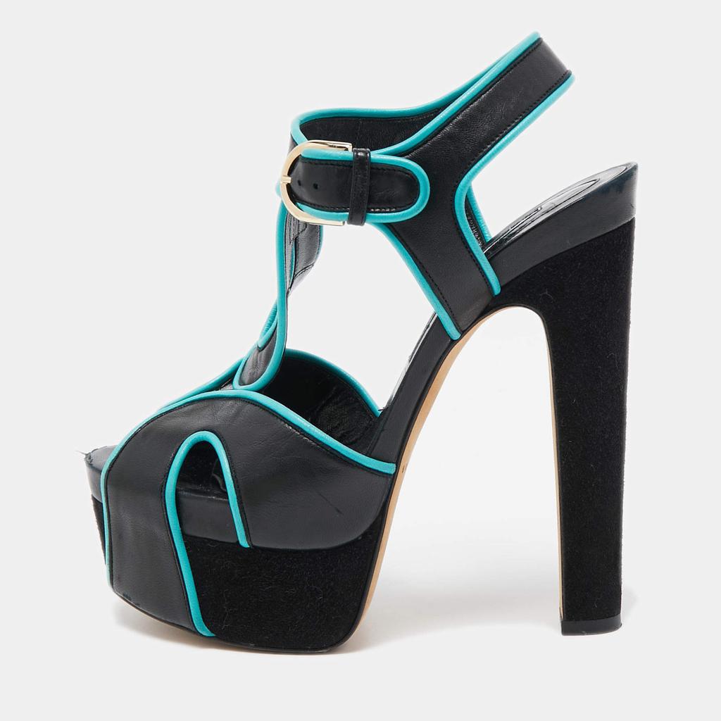 Brian Atwood Brian Atwood Black/Blue Leather Platform Ankle Strap Sandals Size 38