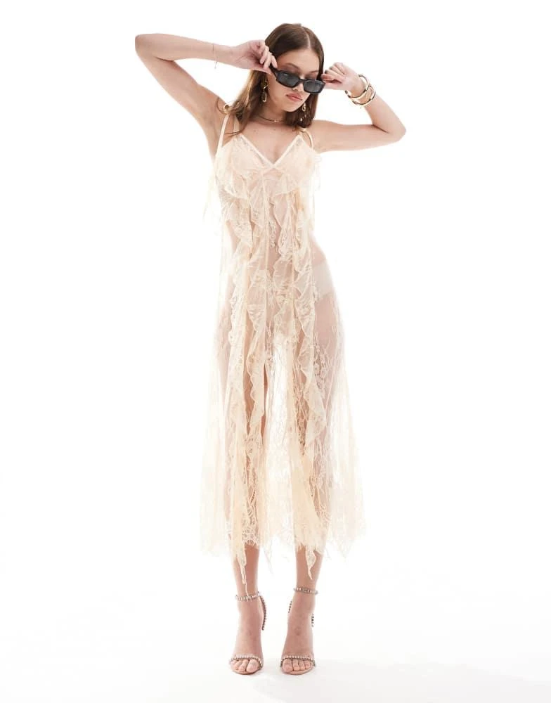 Miss Selfridge sheer lace ruffle cami maxi dress in cream  On Sale Now  with Up to 56% Off | Discover Exclusive Deals & Savings at BeyondStyle   Authentic Miss Selfridge Home|women