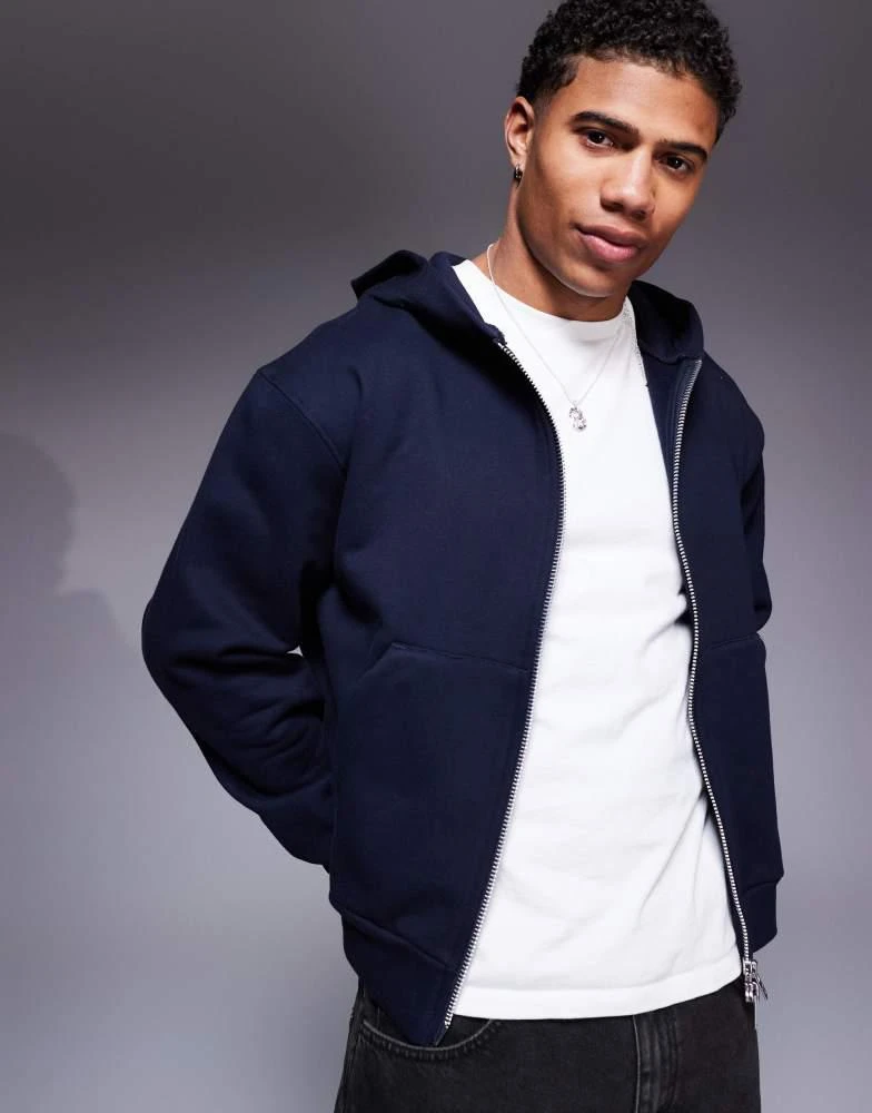 ASOS ASOS DESIGN premium heavyweight boxy cropped zip through hoodie 400gsm in navy 3