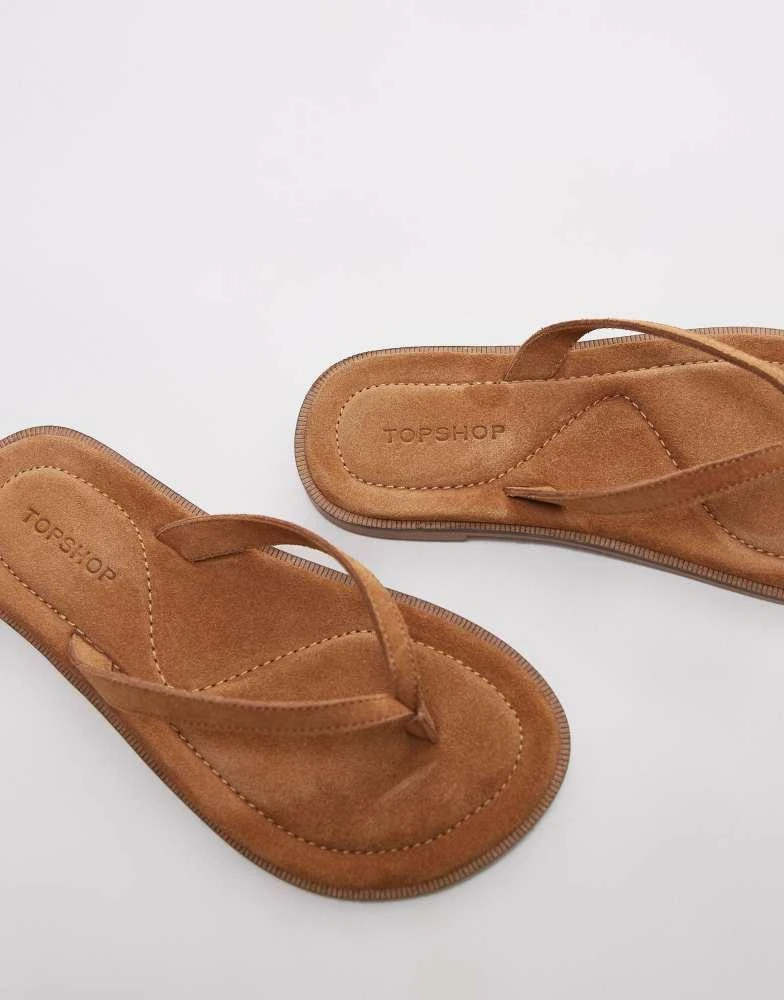 Topshop Topshop Jay real suede toe thong flat sandal in tan 3