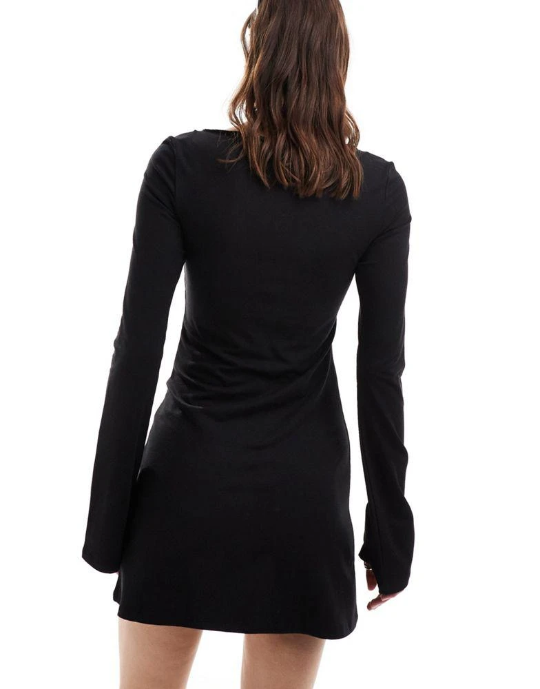 Weekday Weekday Serena boat neck long sleeve mini dress with trumpet sleeves in black 4