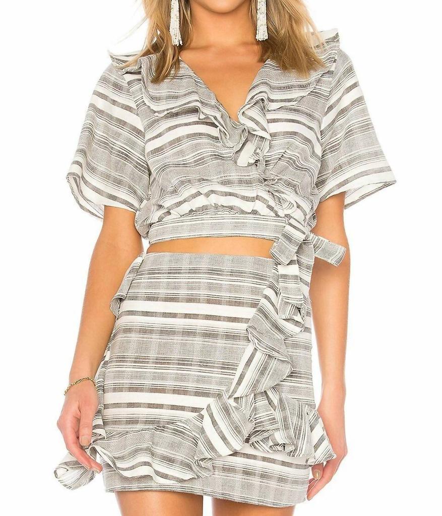Tularosa Selma Wrap Striped Ruffle Short Sleeve Crop Top In Grey, White