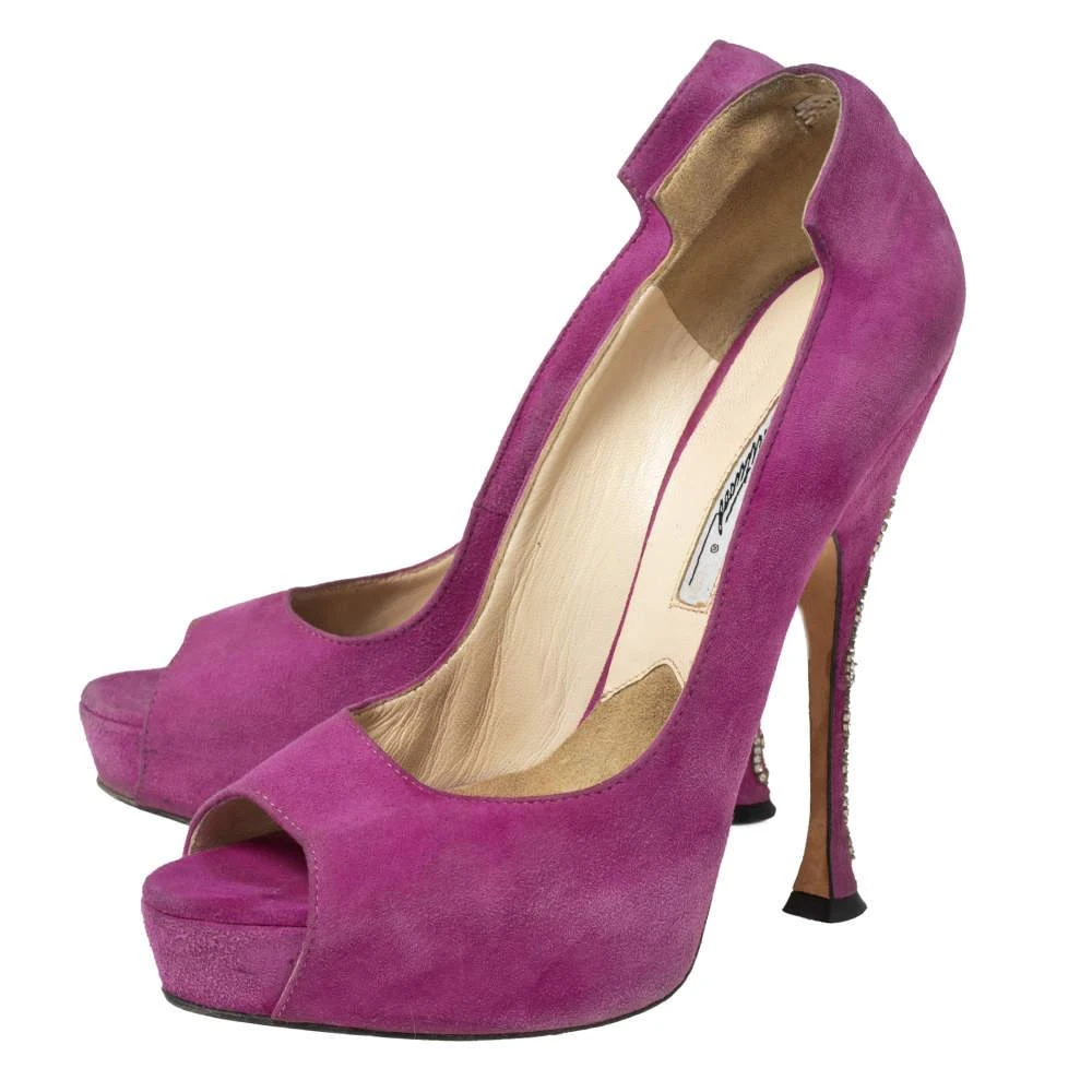 Brian Atwood Brian Atwood Magenta Suede Embellished Chain Heel Peep-Toe Pumps Size 37 4