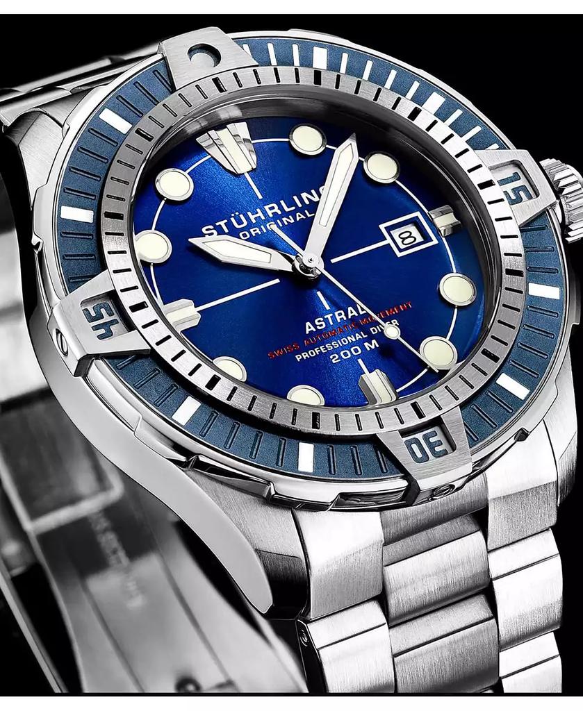 Stuhrling Men s Astral Diver 44mm Swiss Automatic Watch, Blue Dial, Stainless Steel Bracelet, Rotating Bezel, 200M Water Resistant