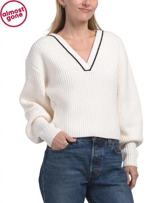 Rebecca Taylor Wool Novelty Victorian Sleeve V-neck Sweater