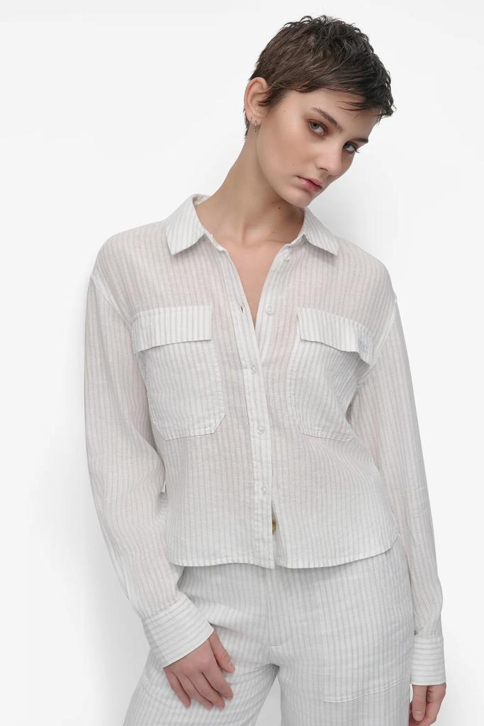 DKNY STRIPED LONG SLEEVE CROPPED SHIRT