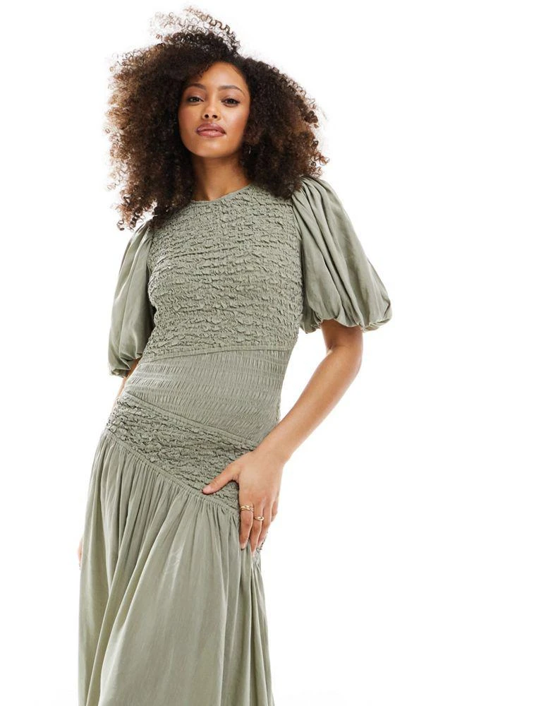 & Other Stories & Other Stories linen blend asymmetric hem midi dress with ruche bodice and volume sleeves in green 3