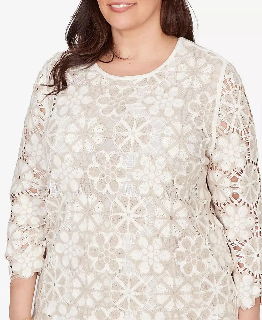 Alfred Dunner Plus Size Natural Wonder Floral Crochet Three Quarter Sleeve Top 2