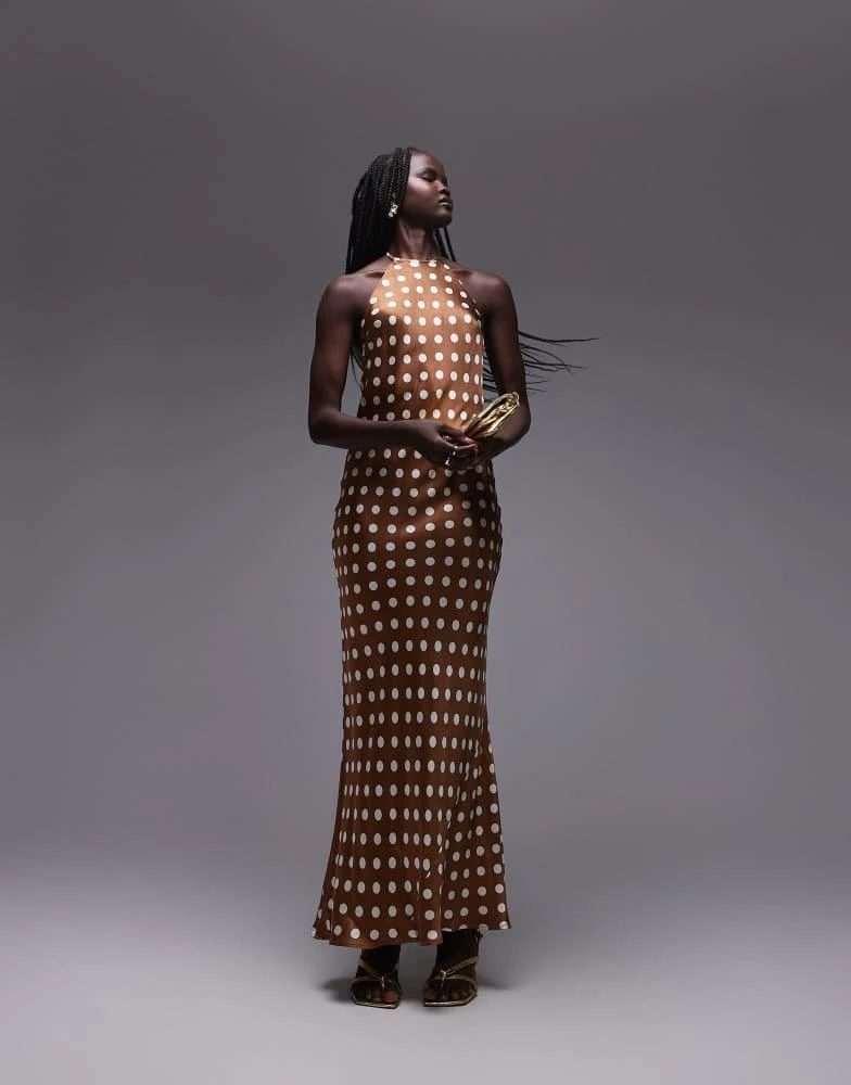 Topshop Topshop polka dot halter neck maxi dress in brown 1