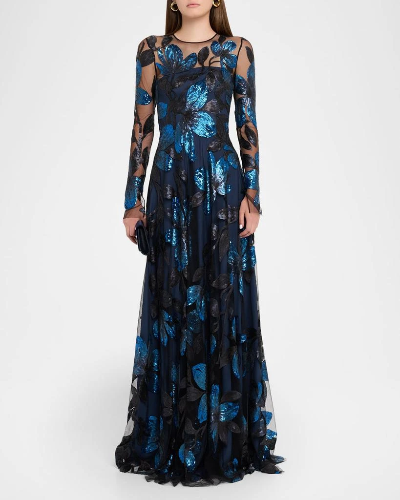 Naeem Khan Long-Sleeve Sequin Floral Embroidered Gown 2