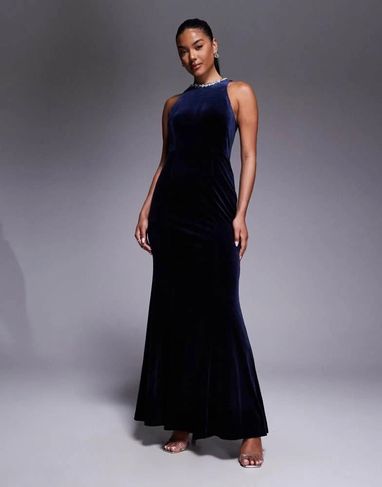 Jarlo embellished high neck velvet maxi dress in navy