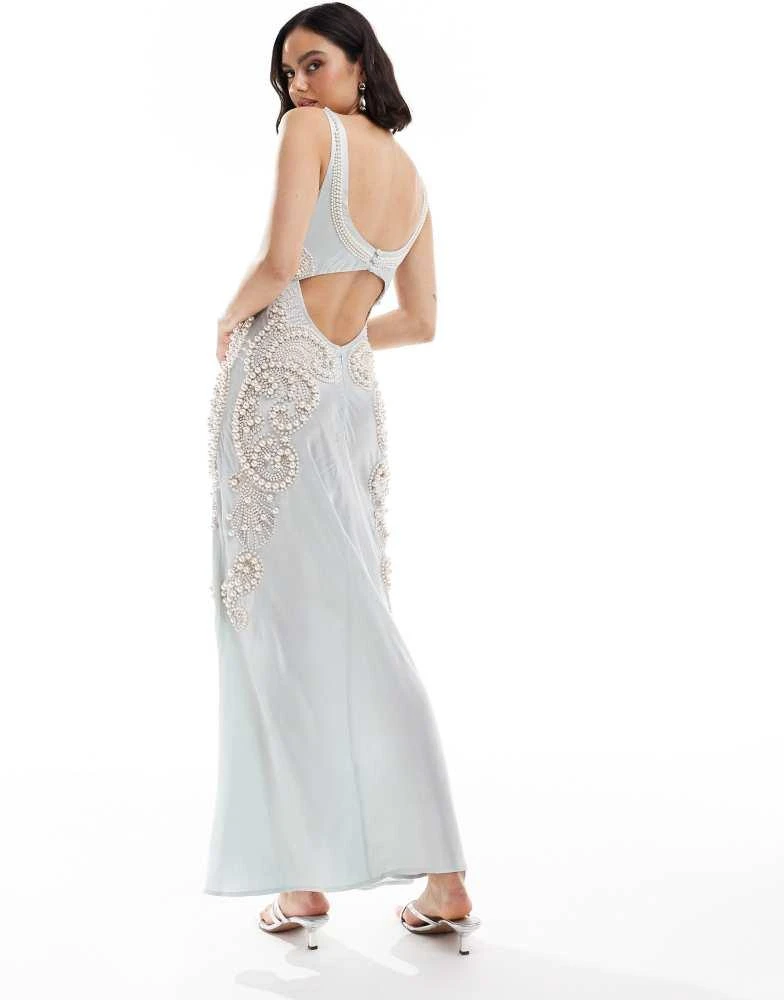 ASOS ASOS DESIGN pearl embellished satin maxi dress in ice blue 3