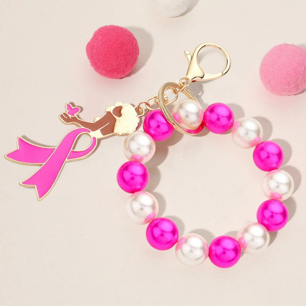 FASHNZFAB Pink Ribbon Afro Girl Pearl Stretch Keychain / Bracelet 2