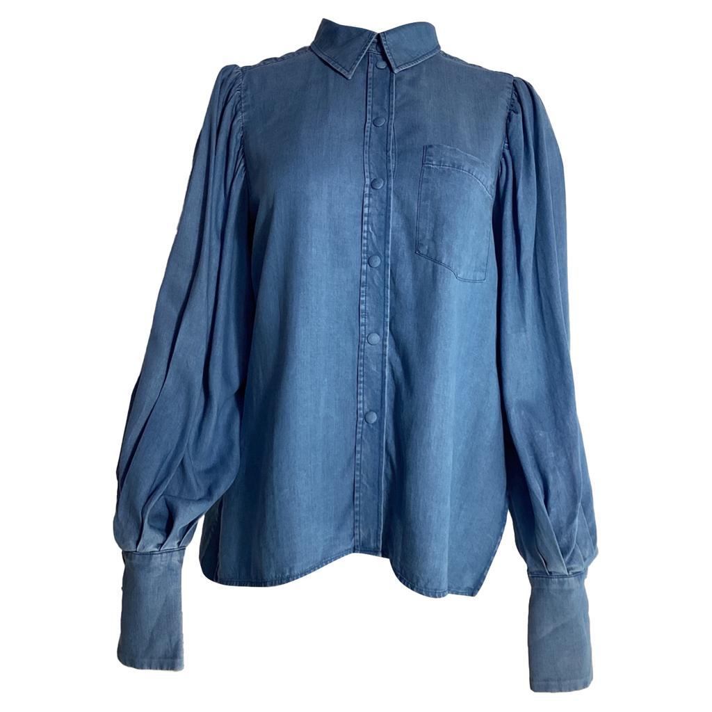 MOTHER OF PEARL Mother Of Pearl Buttoned Bishop Sleeve Shirt in Blue Cotton