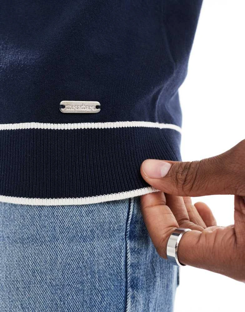 Threadbare Threadbare short sleeve knitted polo shirt in navy with white tipping 3