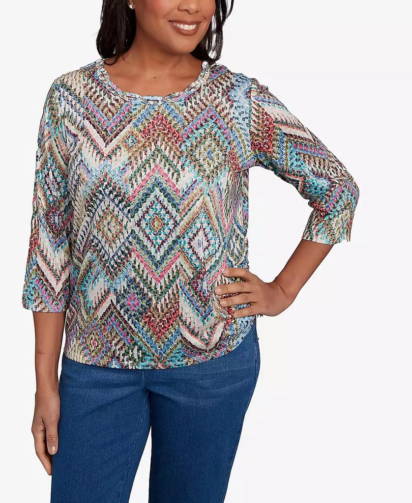 Alfred Dunner Petite El Paso Ikat Diamond Detailed Crew Neck Top