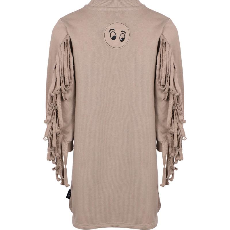 Loud Apparel Logo eyes print fringed sleeves organic dress in beige
