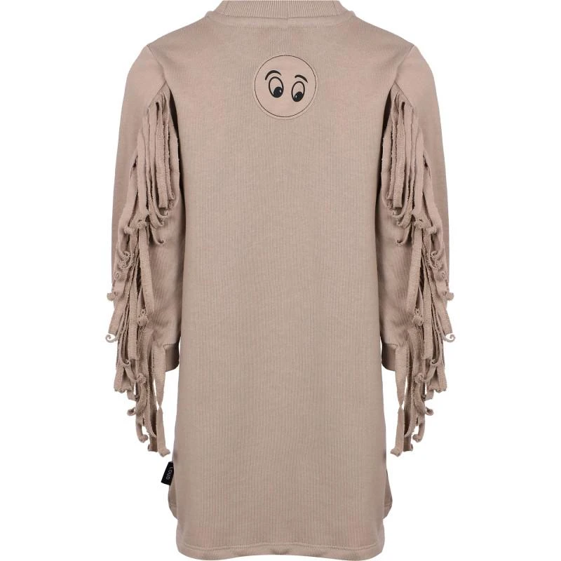 Loud Apparel Logo eyes print fringed sleeves organic dress in beige 2