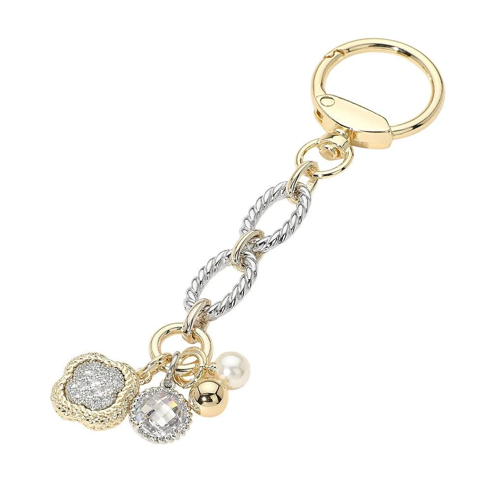 FASHNZFAB 14K Gold Plated Two Tone CZ Stone Pave Quatrefoil Pearl Charm Drop Keychain Bag Charm 2