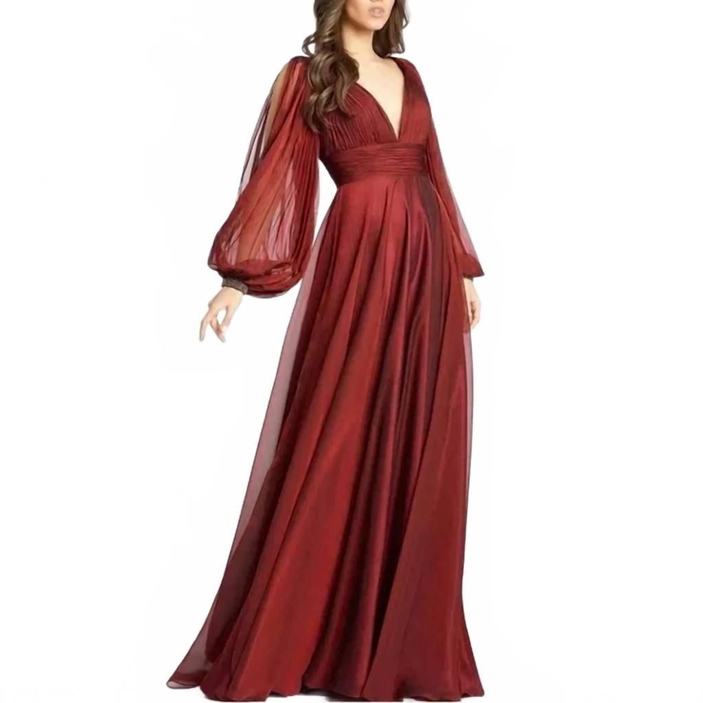 Mac Duggal V-Neck A-Line Chiffon Gown Beaded Cuffs In Garnet