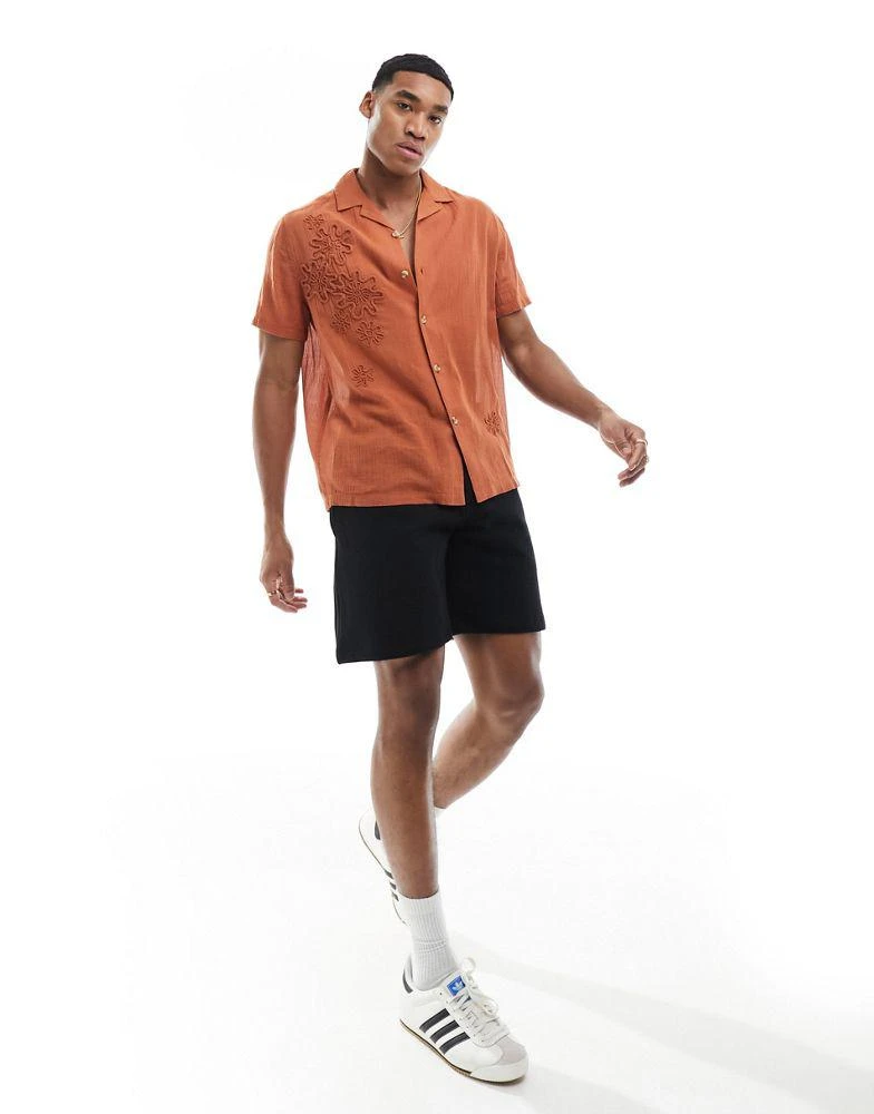 ASOS ASOS DESIGN short sleeve relaxed revere shirt with embroidery in rust brown 2