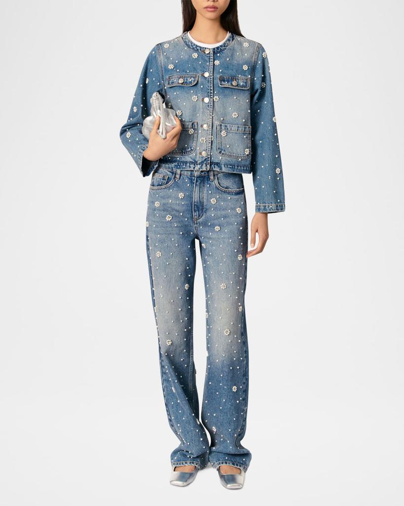 Maje Berla Embellished Faded Denim Jacket