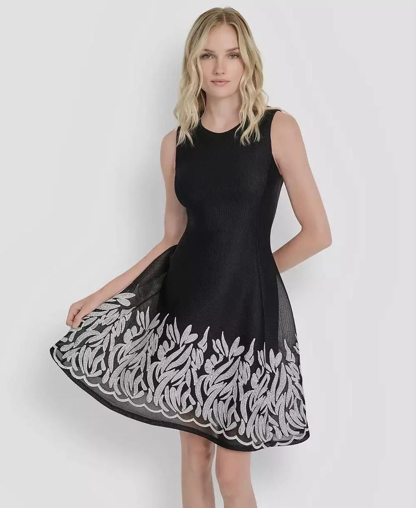 DKNY Womens Embroidered Mesh Fit & Flare Dress - Black - US 4 (S)