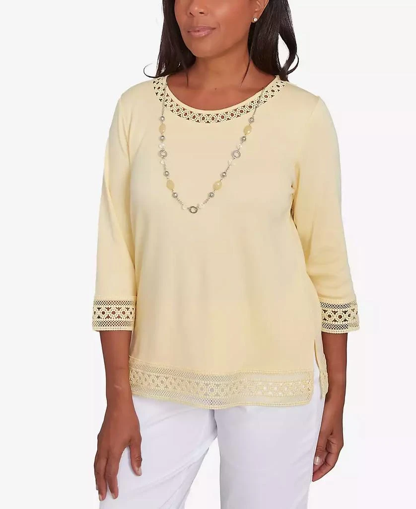 Alfred Dunner Petite Dress Code Solid Lace Trim Top with Necklace 4