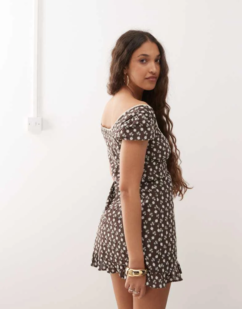 Motel Motel bella broderie scoop neck mini dress in brown 4