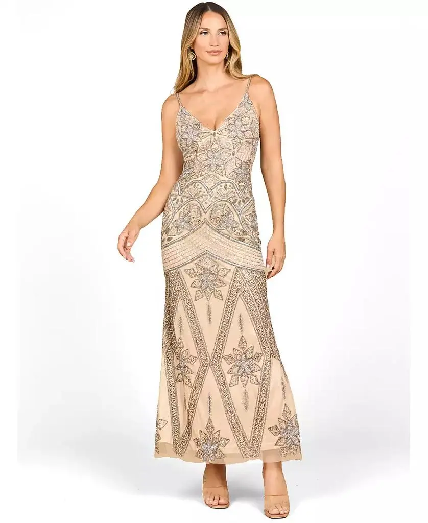 Lara Women's Contrast Beaded V-Neck Fitted Gown