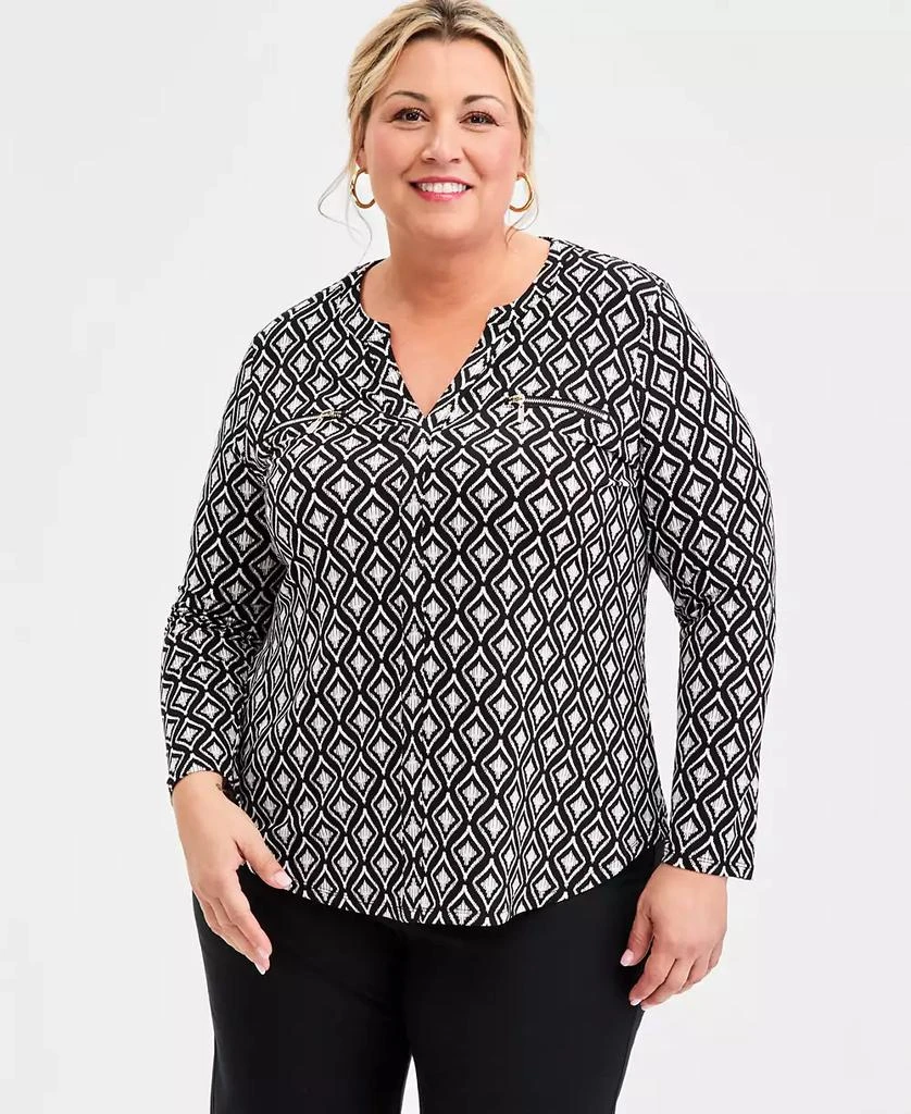 JM Collection Plus Size Printed Split-Neck Long-Sleeve Top, Macy
s Exclusive