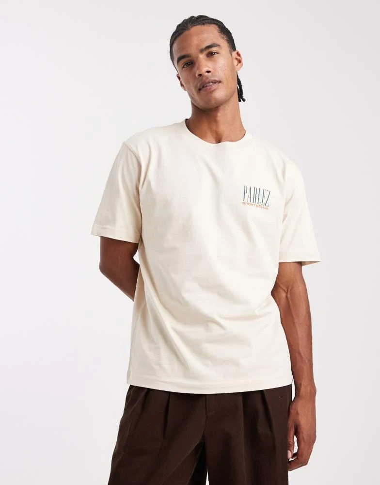 Parlez Parlez screen printed sailing graphic logo t-shirt with back print in light beige 3