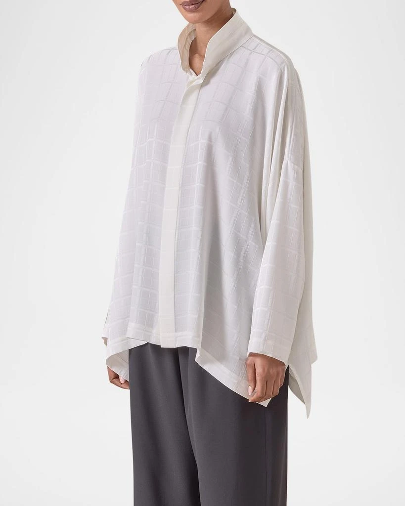 Eskandar Satin Box Check Jacquard Wide Longer-Back Double-Stand Collar Shirt (Mid Plus Length) 4