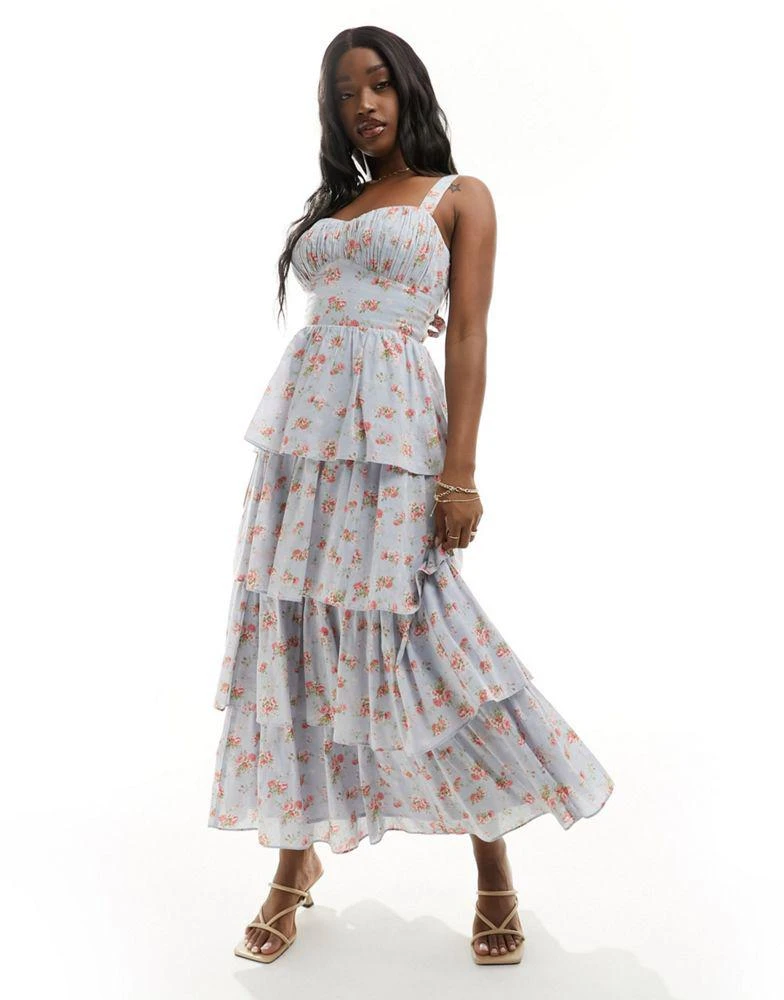Abercrombie & Fitch Abercrombie & Fitch tiered maxi dress with lace up back in blue floral 1