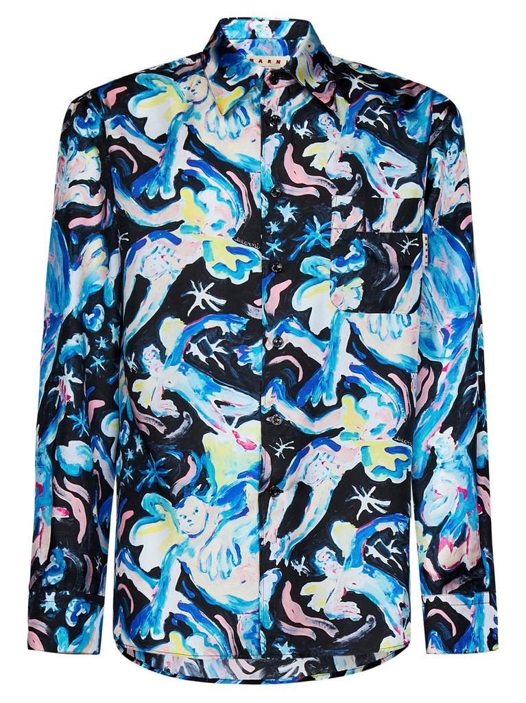 【送料 関税込】 MARNI MARNI STITCHING BACK CONTRASTING SHIRT Deep blue tropical wool shirt with contrast back | Marni