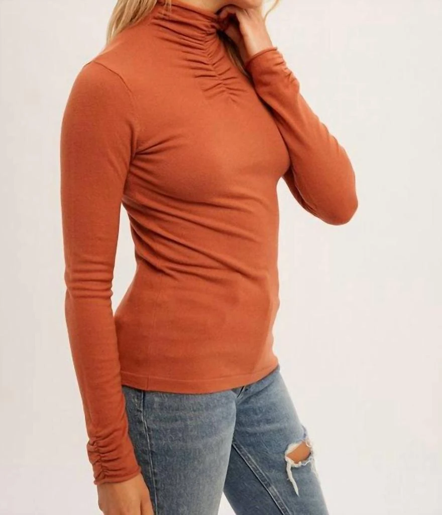 Hem & Thread Sofia Shirring Mock Neck Sweater In Rust 3