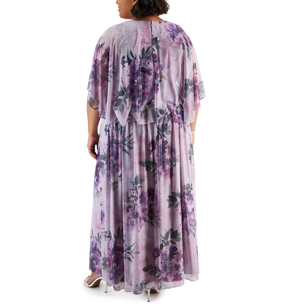 SL Fashions Plus Size Printed Glitter Cape-Overlay Dress