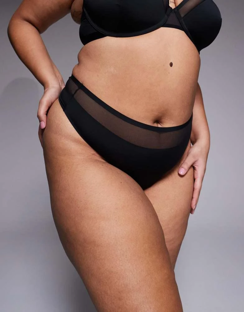 ASOS ASOS DESIGN Curve Ella microfibre high leg high waist thong with mesh detail in black 2