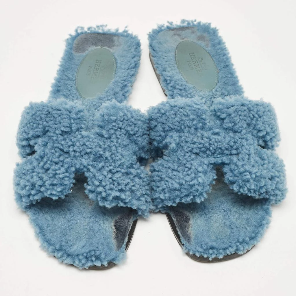 Hermes Hermes Blue Shearling Fur Oran Flat Slides Size 37 4