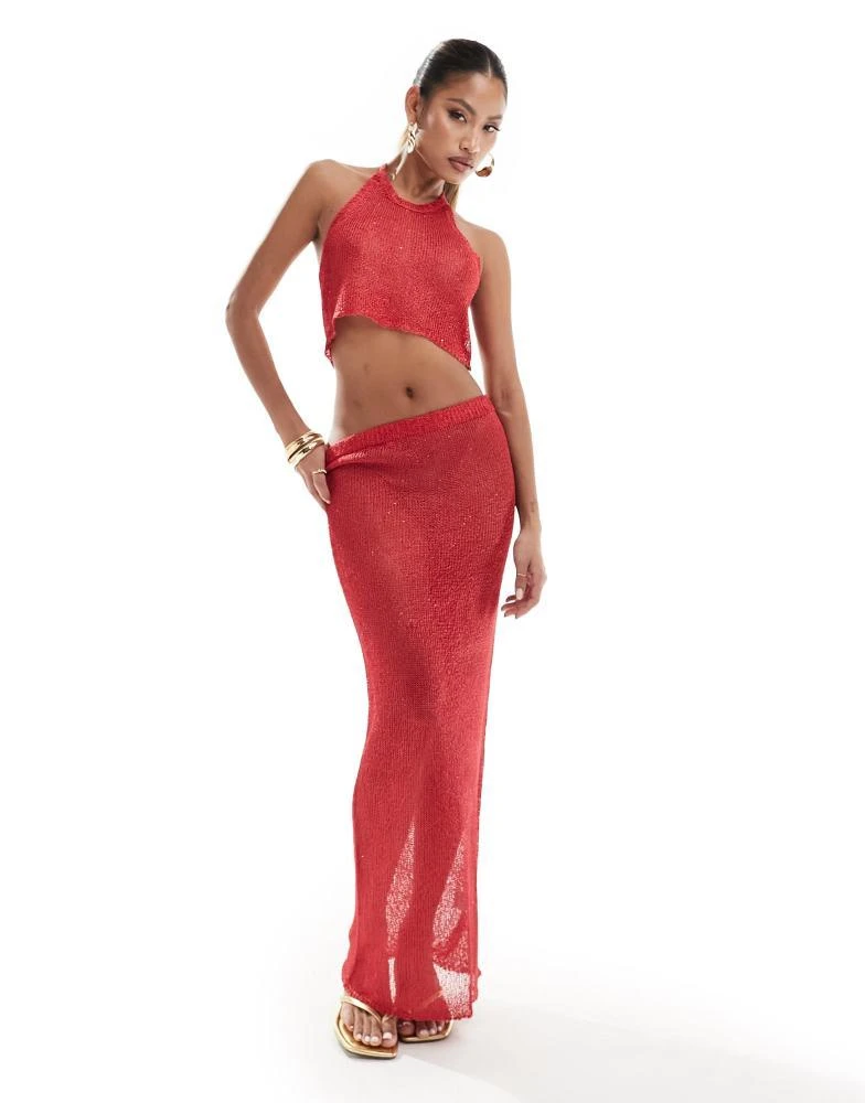 In The Style In The Style x Perrie Sian exclusive fine knit sequin halterneck crop top co-ord in red 2