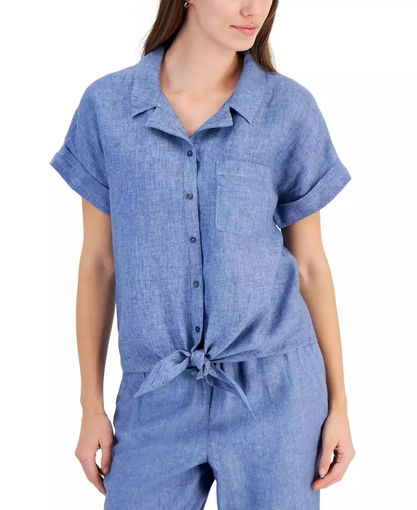 Charter Club Women's 100% Linen Tie-Front Shirt, Created for Macy's