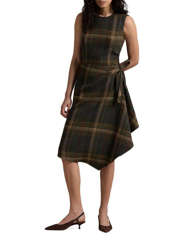 Ralph Lauren Check Wool-Blend Sleeveless Faux Wrap Midi-Dress