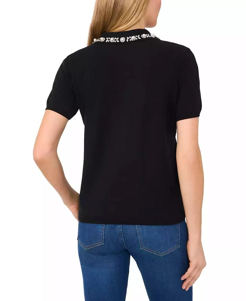 CeCe Women's Short Sleeve Polo Sweater with Embellished Collar 2