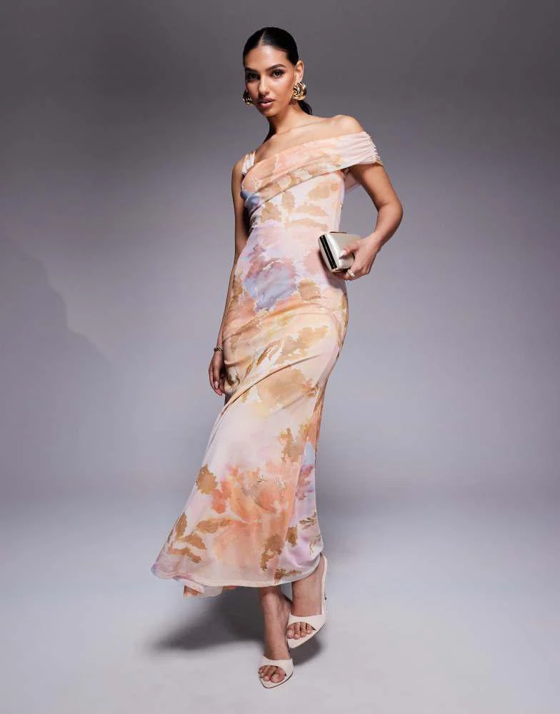 chinese dress ladies Rent Asos Edition Satin Bardot Drape Wrap Maxi Dress In Cinnamon Rose