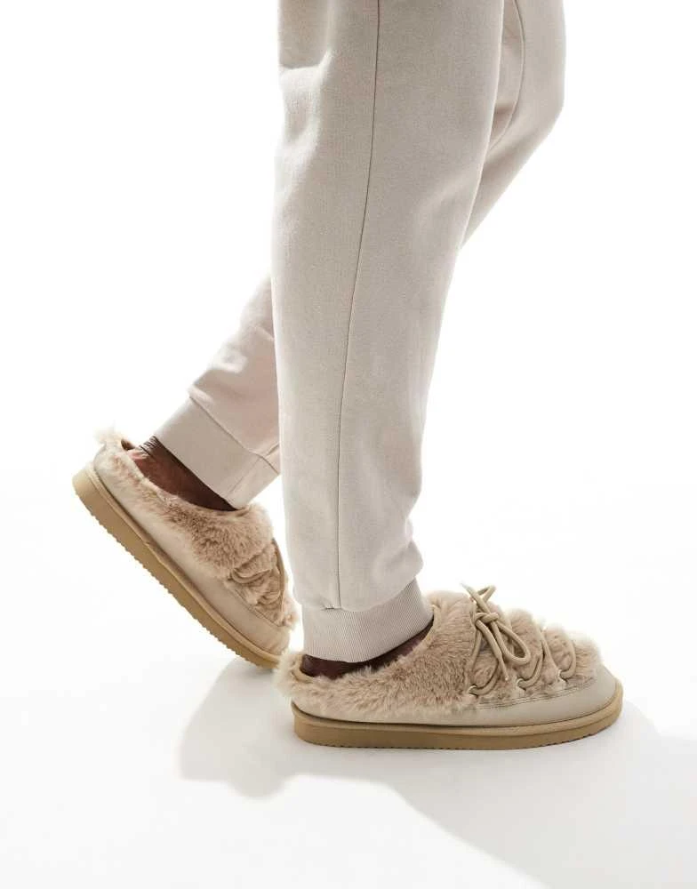 ASOS ASOS DESIGN chunky slippers in cream faux fur with laces 3
