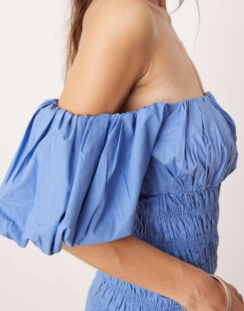 Abercrombie & Fitch Abercrombie & Fitch off the shoulder smocked low waist maxi dress in blue tile print 2
